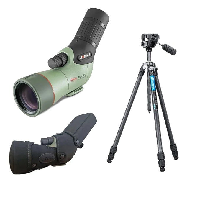 Kowa TSN-55A PROMINAR 17-40x Angled Compact Spotting Scope and Neoprene Stay On Case withLeofoto MR. O LO-223CS 10 Layer Carbon Tripod with Built in Ball Head and SW-02 Pan and Tilt Head Bundle