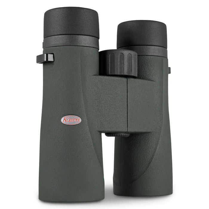 A pair of Kowa binoculars in their signature dark forest green color, featuring textured grip surfaces, black eyecups, and a silver Kowa logo badge on the front of the left barrel.