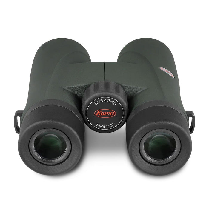 A pair of Kowa binoculars in dark olive green with black eyecups and a central focus ring, shown on a clean white background.