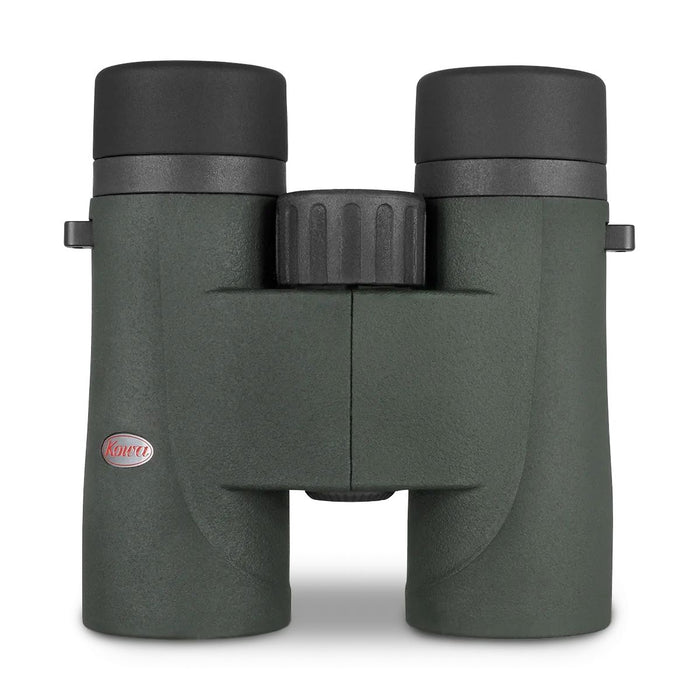 A pair of binoculars in dark forest green with black eyecups and central focusing ring, featuring a small red and white Rifeel logo on the lower left barrel, set against a plain white background.