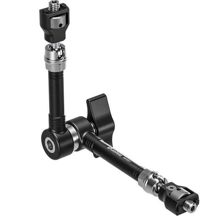 A black and silver camera mounting arm with a quick-release ball head and a vertical extension, shown on a plain white background.