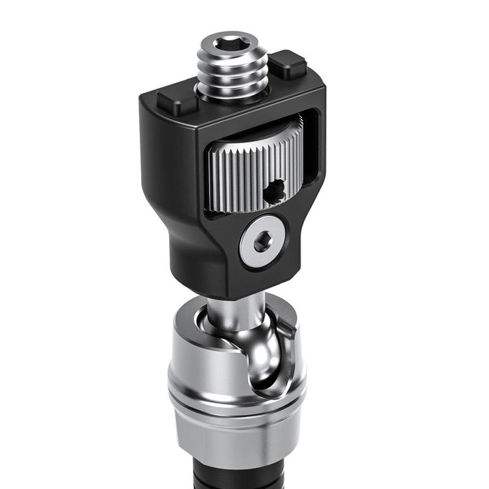 A close-up of a camera mounting head and ball joint adapter, featuring a black anodized body with silver metallic threaded components and a knurled adjustment dial, set against a plain white background.