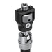 A close-up of a camera mounting head and ball joint adapter, featuring a black anodized body with silver metallic threaded components and a knurled adjustment dial, set against a plain white background.
