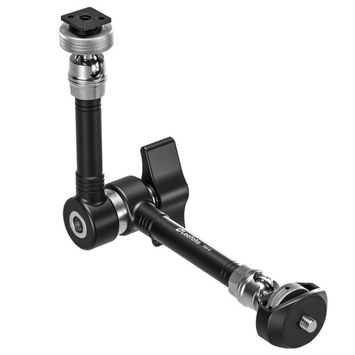 A black and silver camera mounting arm with a quick-release swivel joint, a flat locking tab, and a top ball mount, shown on a solid white background.