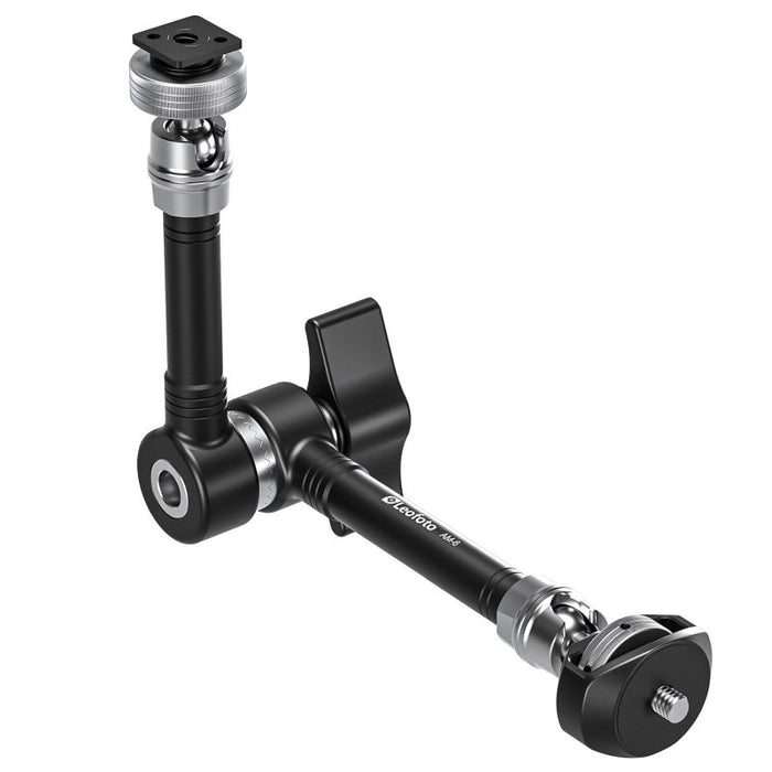 A black and silver camera mounting arm with a quick-release swivel joint, a flat locking tab, and a top ball mount, shown on a solid white background.