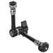 A black and silver camera mounting arm with a quick-release swivel joint, a flat locking tab, and a top ball mount, shown on a solid white background.