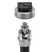 A close-up studio shot of a metal mounting accessory shown in an exploded view, with a black square top plate and a silver threaded cylindrical body separated vertically on a white background.