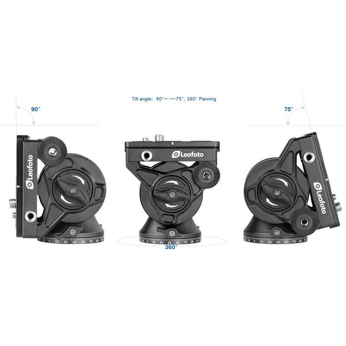 Three views of a Leofoto camera tripod head on a white background, showing tilt angles of 90 degrees, 75 degrees, and 360 degrees tilt, with blue text labels.