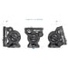 Three views of a Leofoto camera tripod head on a white background, showing tilt angles of 90 degrees, 75 degrees, and 360 degrees tilt, with blue text labels.