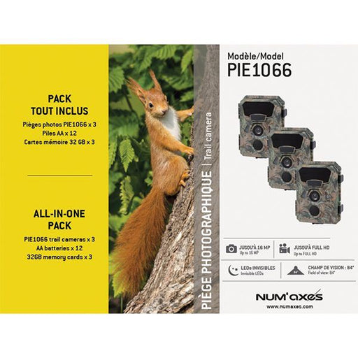 Numaxes PACK X 3 PACKS TRAIL CAMERA PIE1066 + BATTERIES (x12) + 32 GB SD CARD