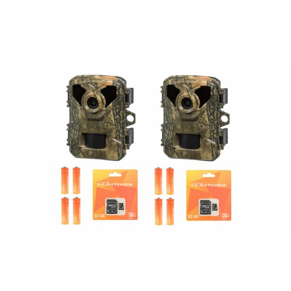 Numaxes PACK x2 TRAIL CAMERA PIE1075 + BATTERIES (x8) + 2x 32 GB SD CARD