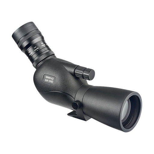 A black angular spotting scope telescope shown at an angle on a plain white background, featuring a textured matte finish and a small silver brand badge.