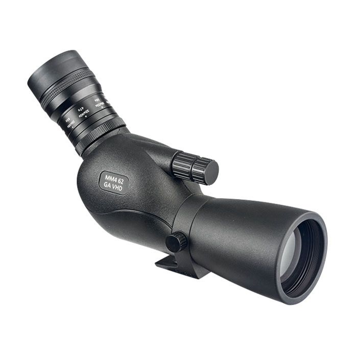 A black angular spotting scope telescope shown at an angle on a plain white background, featuring a textured matte finish and a small silver brand badge.
