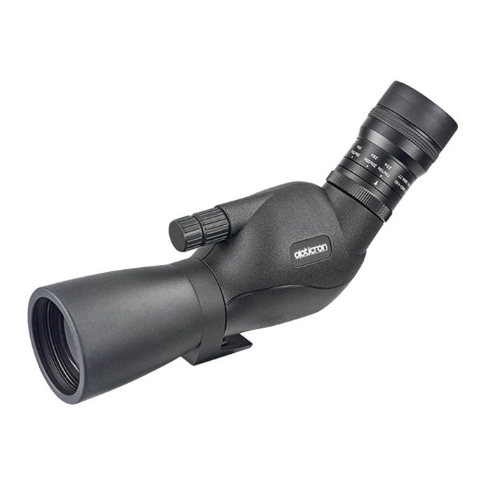 A black spotting scope with a matte finish, featuring the 'opticron' brand logo on its side, shown against a plain white background.