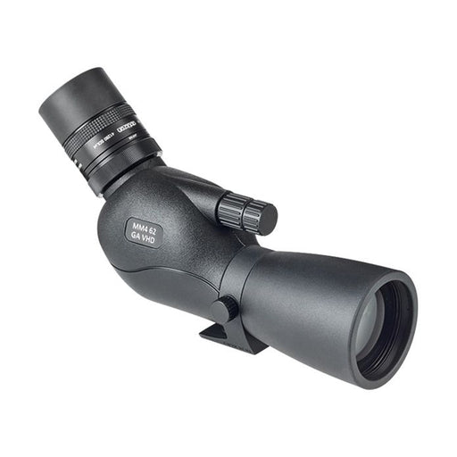 A black angular spotting scope with a textured matte finish, featuring a side adjustment knob.