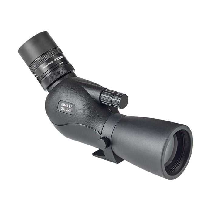 A black angular spotting scope with a textured matte finish, featuring a side adjustment knob.