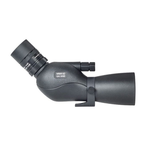 A black angular spotting scope telescope shown on a plain white background, featuring a textured matte finish.