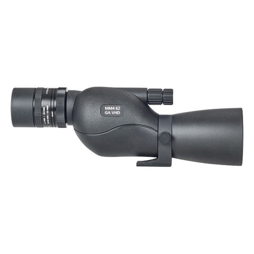 A black spotting scope with a rubberized strap, shown from a side profile on a solid white background. The scope features a textured matte finish and white printed text reading 'NMM 62 GA VHD'.