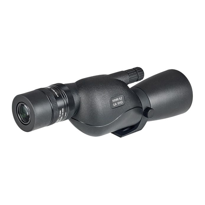 A black spotting scope monocular telescope with a zoom lens, shown at an angle on a plain white background.