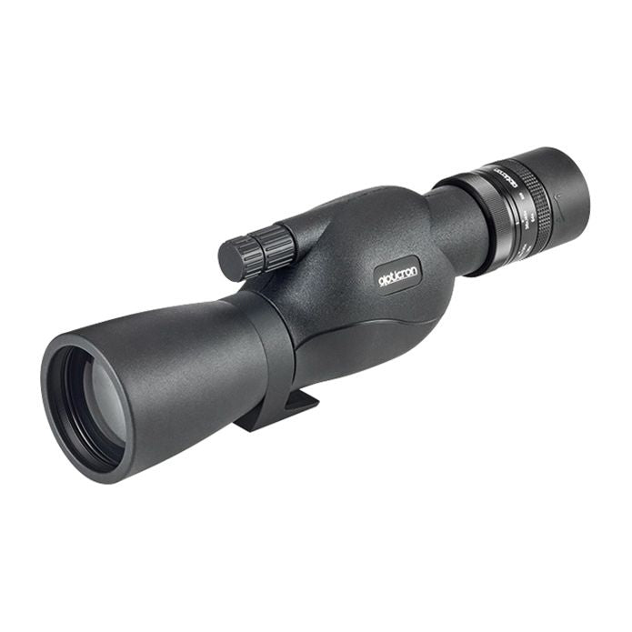 A black spotting scope monocular with a textured grip, adjustment knobs, and a clear objective lens, shown on a plain white background.