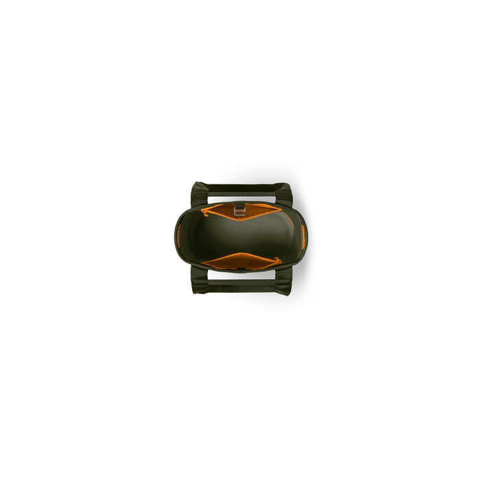 A top-down view of a dark olive green bucket or tub with a bright orange interior lining, shown on a plain white background.