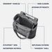 Gray bag with labeled features on a white background