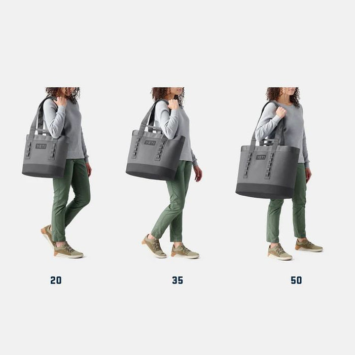 Woman holding a gray tote bag at different distances on a white background