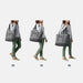 Woman holding a gray tote bag at different distances on a white background