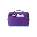 A purple neoprene diaper pail bag with a light blue bottom base, shown on a white background with its front pocket open to display its storage capacity.