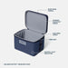 Navy YETI cooler with labeled features on a white background