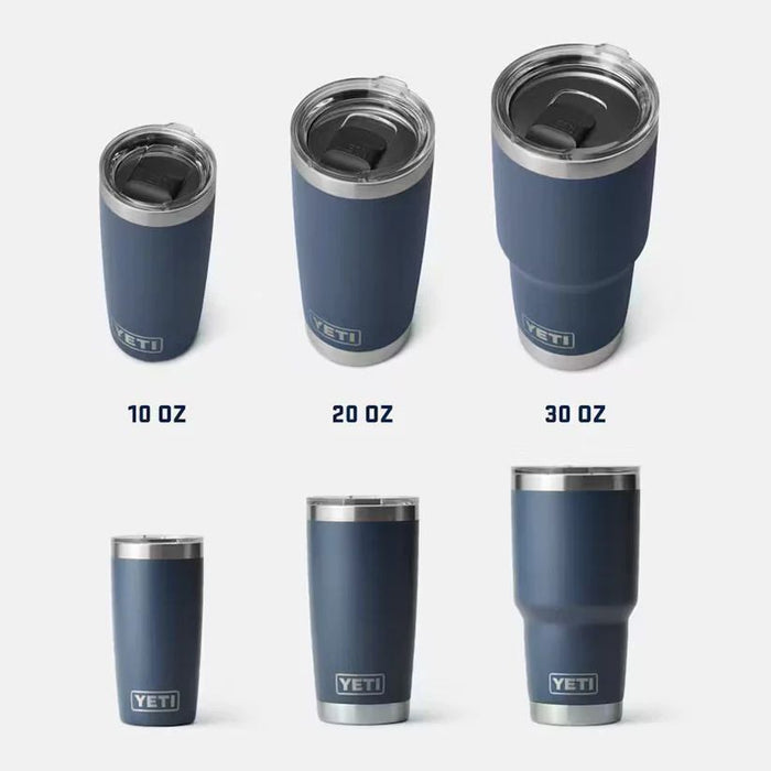 Set of YETI tumblers in different sizes on a white background