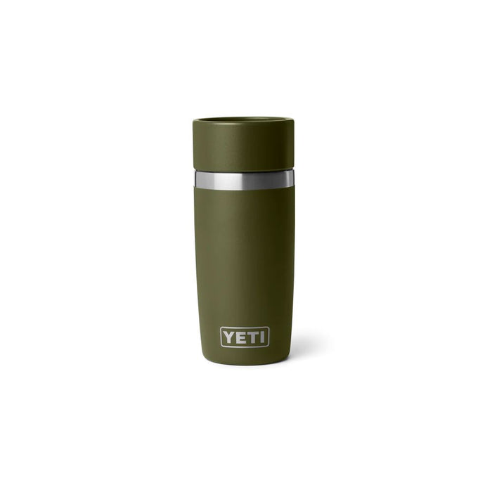 An olive green YETI travel tumbler with a matching lid and a silver metallic band, shown on a clean white background.
