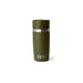 An olive green YETI travel tumbler with a matching lid and a silver metallic band, shown on a clean white background.