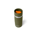 An olive green YETI travel tumbler with a silver band and an orange lid, shown on a white background.