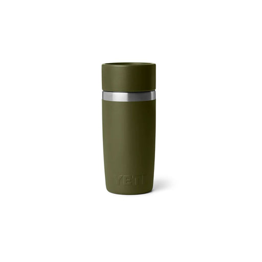 An olive green YETI insulated travel tumbler with a matching lid and a silver metallic band, shown on a clean white background.