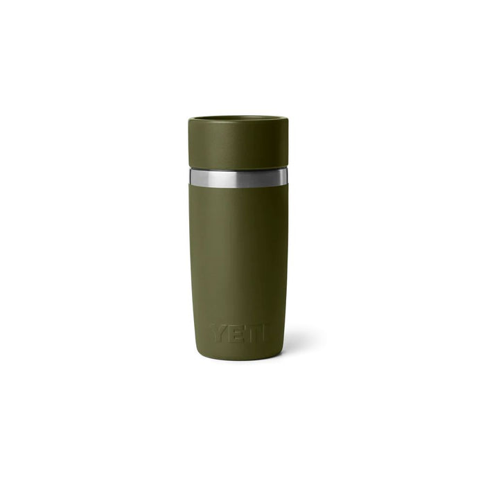 An olive green YETI insulated travel tumbler with a matching lid and a silver metallic band, shown on a clean white background.