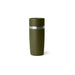 An olive green YETI insulated travel tumbler with a matching lid and a silver metallic band, shown on a clean white background.