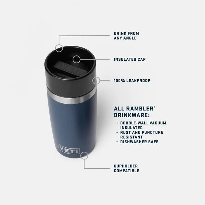Blue YETI tumbler with features labeled on a white background