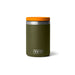 A YETI insulated tumbler in matte olive green with a bright orange lid, shown on a clean white background.