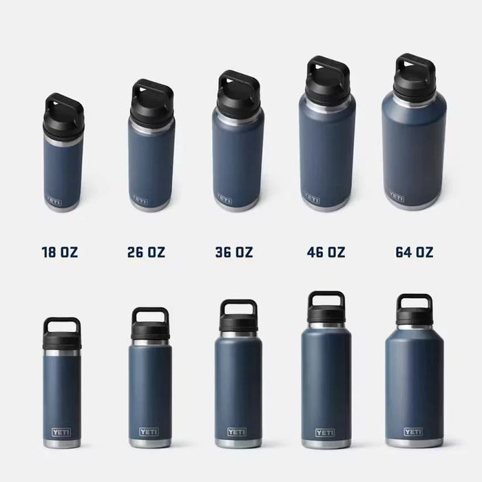 A grid of insulated water bottles in different sizes, shown from the side on a plain white background. The bottles are dark blue-gray with black lids and appear to be the same product style in multiple capacities.