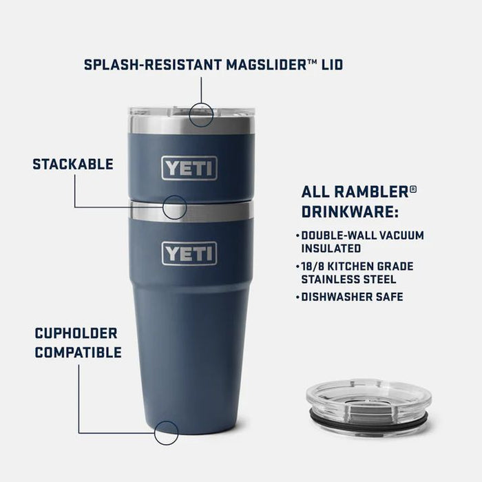 YETI tumbler with features highlighted on a white background