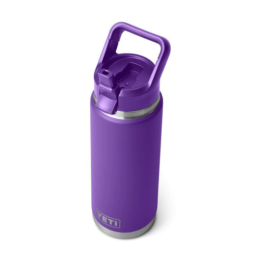 A purple YETI insulated water bottle with a matching purple carry lid and silver accents, shown on a clean white background.