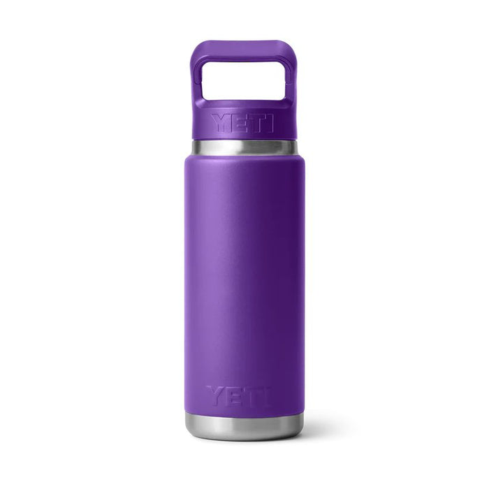 A purple YETI insulated water bottle with a matching purple carrying loop lid and stainless steel accents, shown on a clean white background.