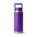 A purple YETI insulated water bottle with a matching purple carrying loop lid and stainless steel accents, shown on a clean white background.