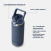 Navy blue YETI water bottle with features highlighted on a white background