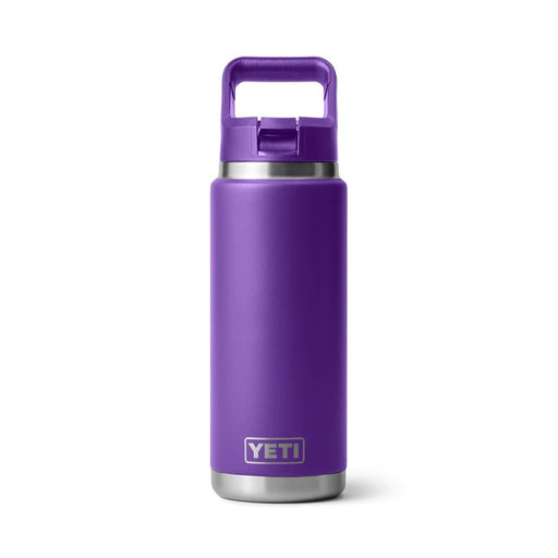 A purple YETI Rambler water bottle with a stainless steel base and a matching purple carrying loop lid, shown on a clean white background.