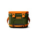 A YETI cooler in dark green with bright orange accents, including the lid, latches, handle, and logo border, shown on a clean white background.