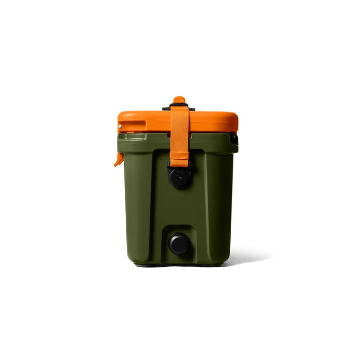An olive green cooler with a bright orange lid and handle, shown from the back against a clean white background.