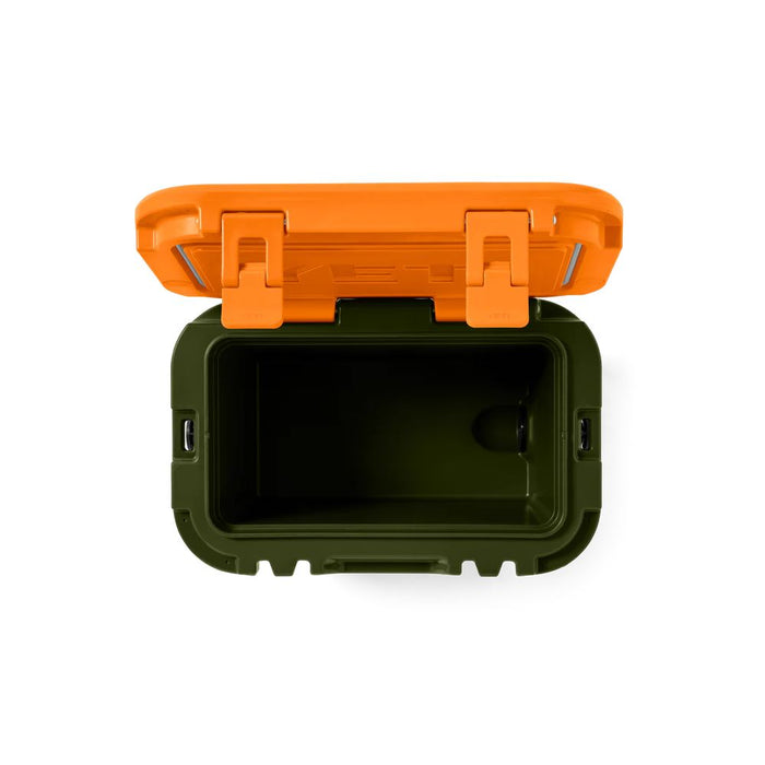 An olive green waterproof storage box with an orange lid, shown from a top-down view with the lid open, on a solid white background.