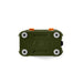 An olive green YETI cooler shown from the bottom, featuring white circular grommets around the corners and two small orange accents on top, set against a plain white background.